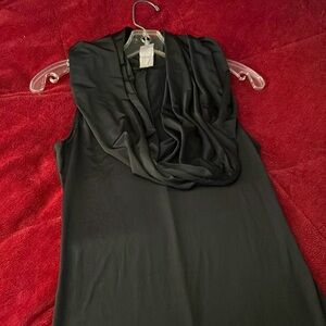 Black bodysuit draped neckline.